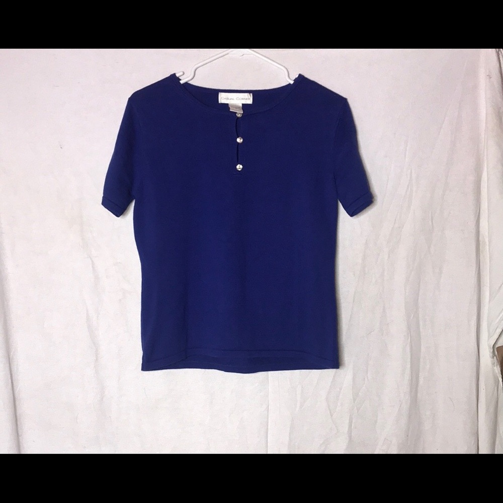 Blue Three Button Blouse, Euc, Medium - image 6